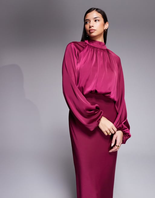 ASOS DESIGN - Hoogsluitende blouson maxi-jurk met textuur en gestrikte achterkant in framboos, 4 van 4