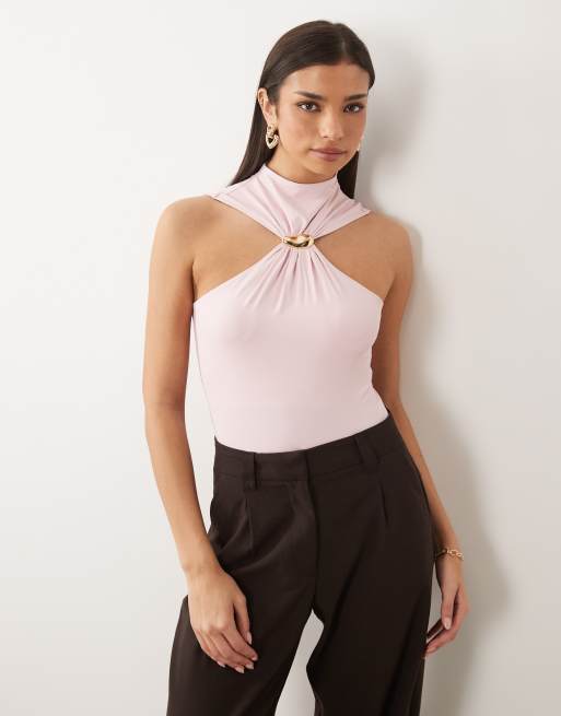 ASOS DESIGN - Hoogsluitende body van polyamide met afwerking in roze, 4 van 4