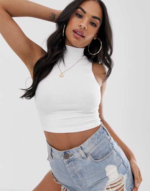 ASOS DESIGN Hoogsluitende crop top zonder mouwen in wit