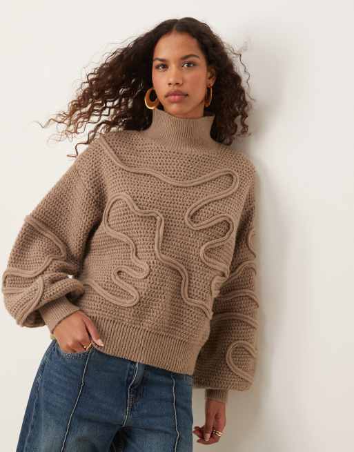 ASOS DESIGN - Hoogsluitende gebreide trui met abstracte stiksels in taupe, 2 van 4