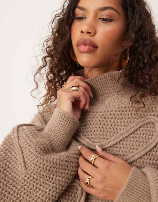 ASOS DESIGN - Hoogsluitende gebreide trui met abstracte stiksels in taupe, 4 van 4