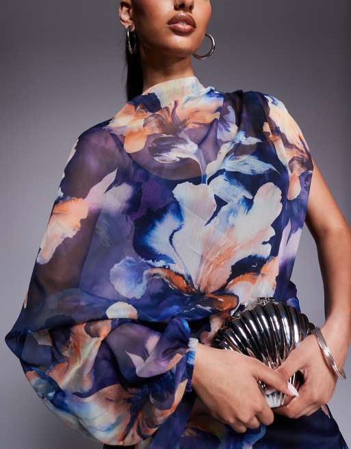 ASOS DESIGN - Hoogsluitende gedrapeerde asymmetrische mini jurk met uitsnijding in abstracte bloemenprint, 3 van 4