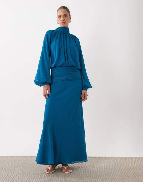 ASOS DESIGN hoogsluitende gedrapeerde chiffon maxi jurk met strikband in teal - view 1