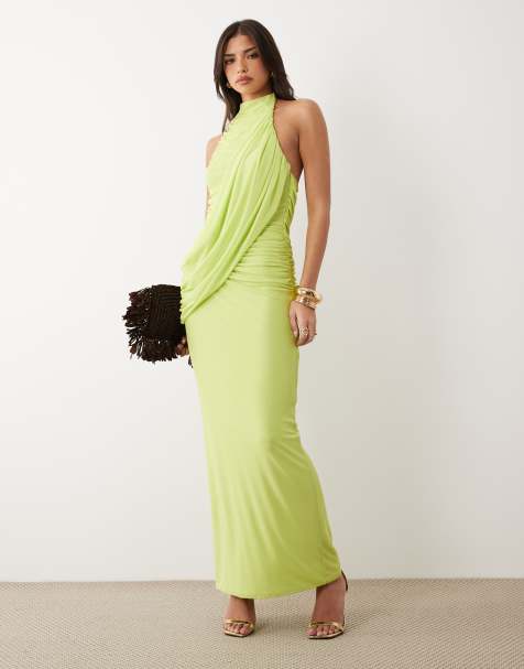 ASOS DESIGN - Hoogsluitende gedrapeerde maxi jurk in limoengroen - view 1