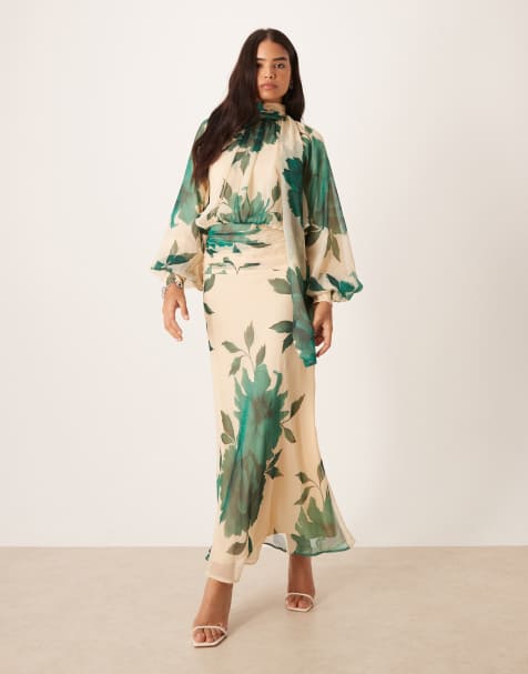 ASOS DESIGN - Hoogsluitende gedrapeerde maxi jurk met chiffon, gestrikte hals en bloemenprint in groen - view 1