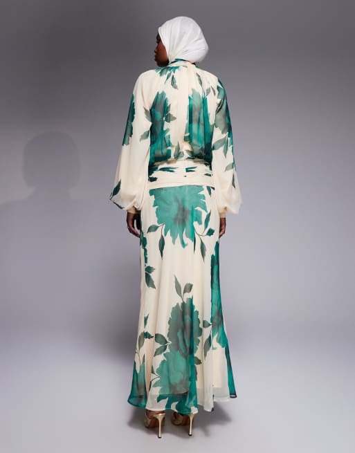 ASOS DESIGN - Hoogsluitende gedrapeerde maxi jurk met chiffon, gestrikte hals en bloemenprint in groen, 3 van 4