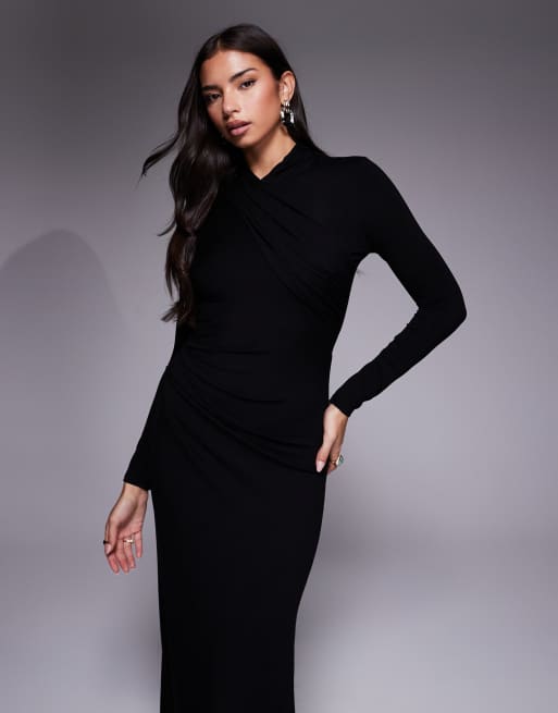 ASOS DESIGN - Hoogsluitende gedrapeerde maxi-jurk met lange mouwen in zwart, 3 van 4