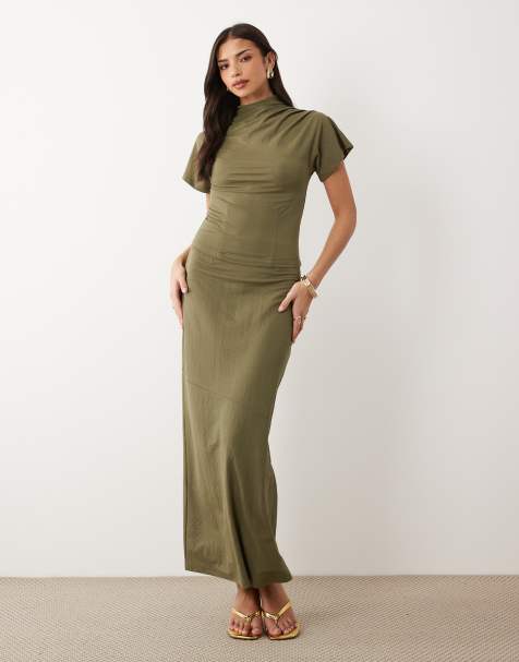 ASOS DESIGN - Hoogsluitende gedrapeerde top met linnenlook in kakigroen, deel van co-ord set - view 1