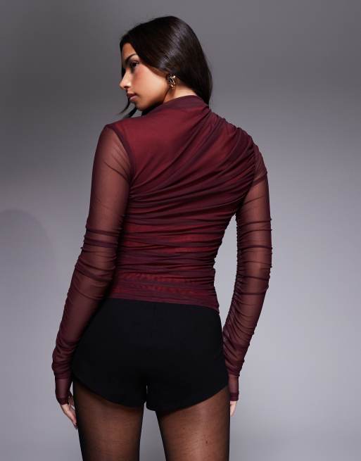 ASOS DESIGN - Hoogsluitende gedrapeerde top van mesh met lange mouwen in bordeauxrood, 4 van 4