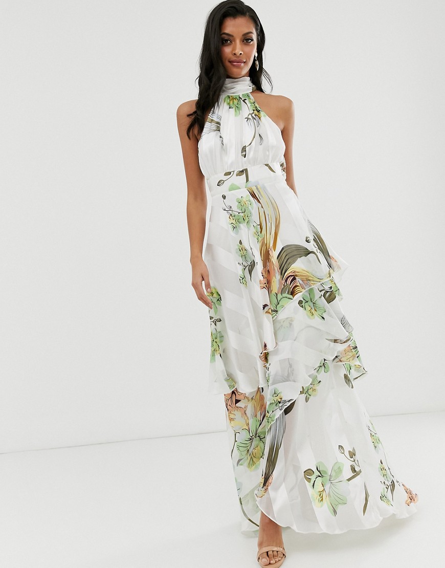 ASOS DESIGN - Hoogsluitende gelaagde lange jurk met doorschijnende strepen en bloemenprint-Multi