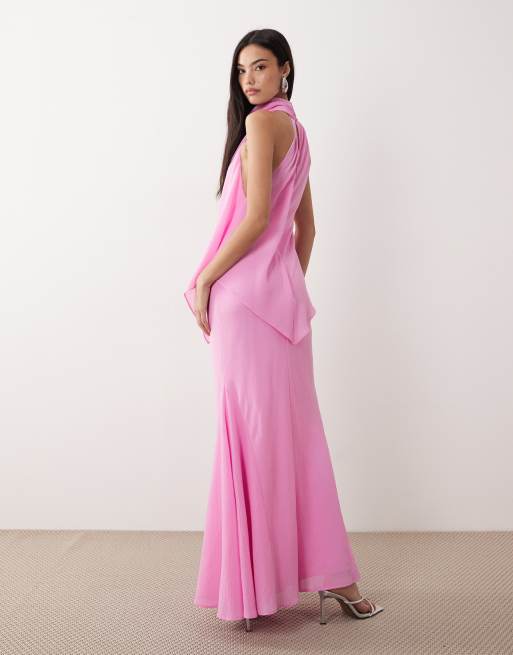 ASOS DESIGN - Hoogsluitende gelaagde maxi-jurk van chiffon in suikerroze, 2 van 4
