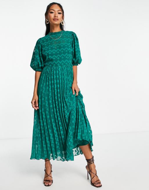 ASOS DESIGN - Hoogsluitende geplooide dobby midi-jurk met pofmouwen en zigzagmotief in bosgroen