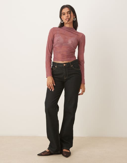 ASOS DESIGN - Hoogsluitende gerimpelde geflockte top met lange mouwen in roze, 2 van 4