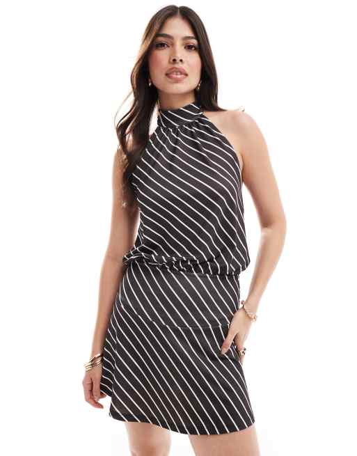 ASOS DESIGN - Hoogsluitende gestreepte mini jurk met halternek in bruin