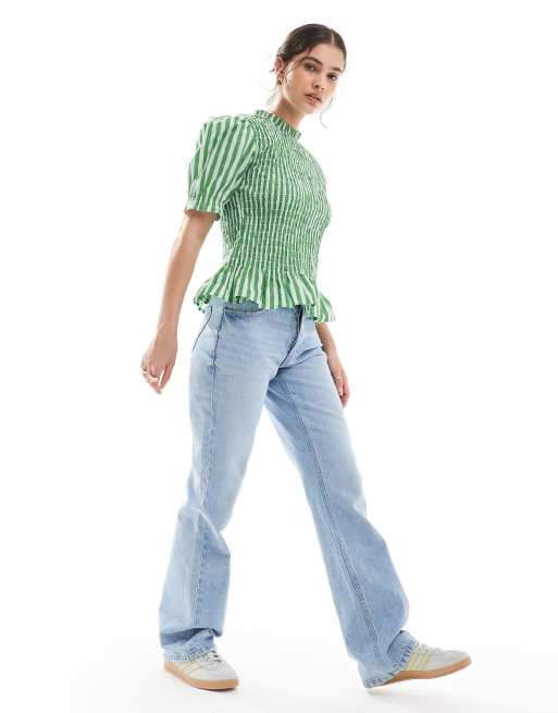ASOS DESIGN - Hoogsluitende gestreepte top met gesmokt lijfje en korte mouwen, 3 van 4