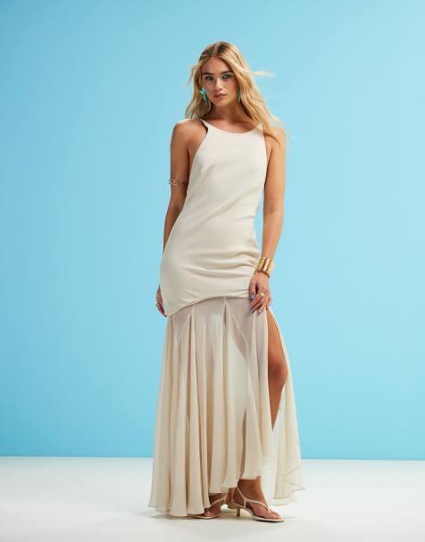 ASOS DESIGN - Hoogsluitende getextureerde maxi-jurk met golvende zoom en chiffon rok met kant in stone - view 1