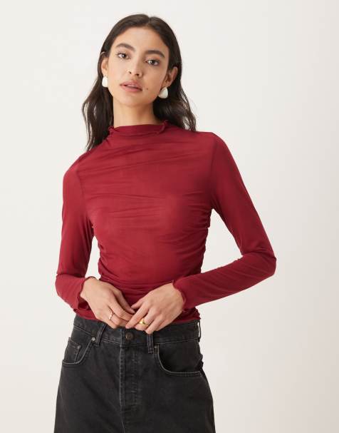 ASOS DESIGN - Hoogsluitende halfdoorschijnende top van mesh met lange mouwen in rood - view 1