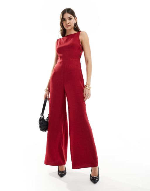 ASOS DESIGN - Hoogsluitende jumpsuit met wijde pijpen en knopen aan de zijkant in bordeauxrood