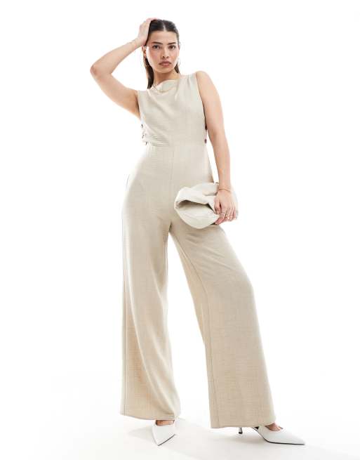 ASOS DESIGN - Hoogsluitende jumpsuit met wijde pijpen en knopen aan de zijkant in zandkleur