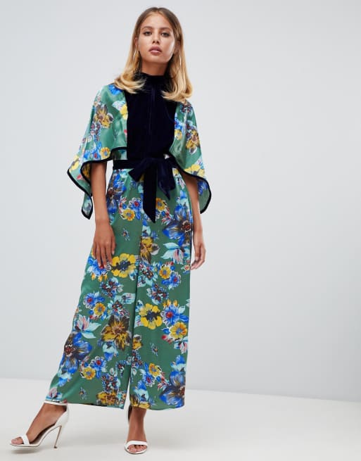 ASOS DESIGN - Hoogsluitende jumpsuit van velvet en met gemengde print