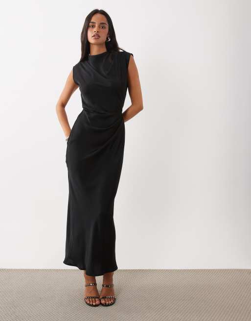 ASOS DESIGN hoogsluitende jurk met geplooid lijfje in zwart, 2 van 4