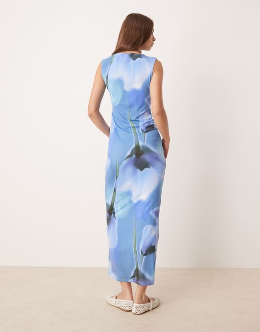 ASOS DESIGN - Hoogsluitende jurk zonder mouwen met print in blauw, 3 van 4