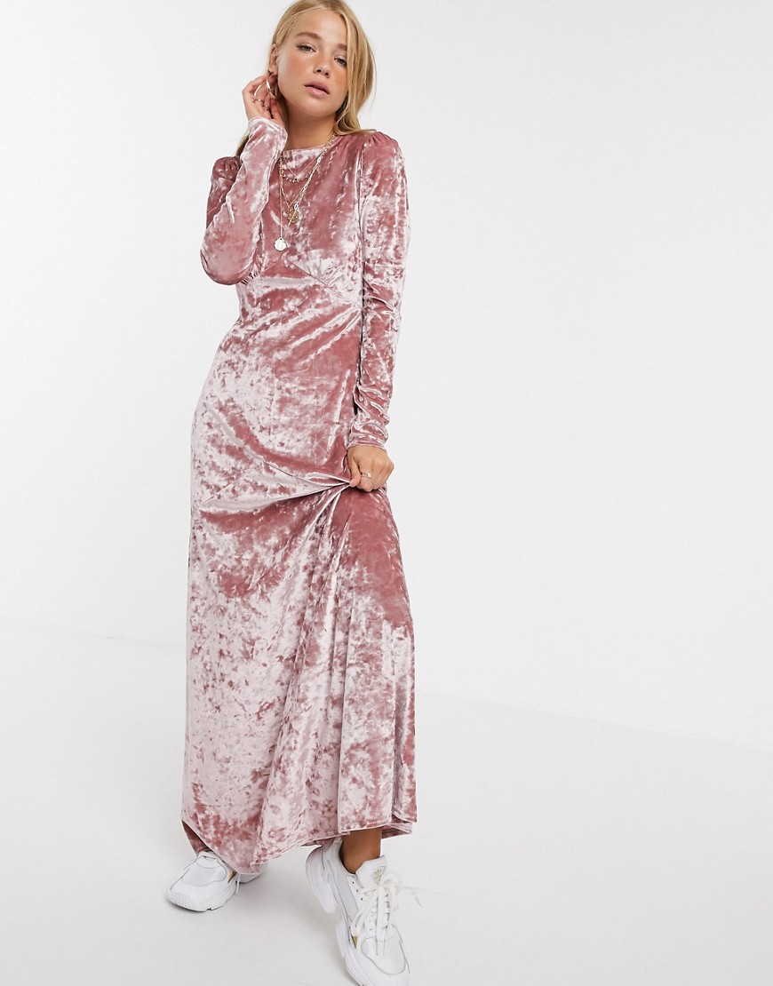 ASOS DESIGN - Hoogsluitende lange jurk met lange mouwen van fluweel-Roze