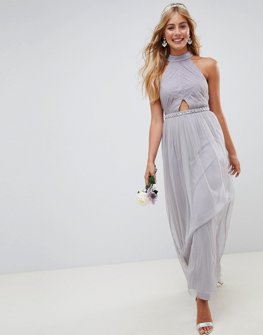 ASOS DESIGN - Hoogsluitende, lange jurk met mesh en versierde taille-Paars