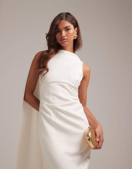 ASOS DESIGN - Hoogsluitende lange trouwjurk met sleep in ivoorwit, 3 van 6