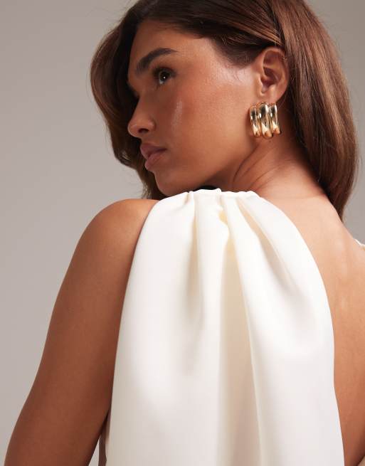 ASOS DESIGN - Hoogsluitende lange trouwjurk met sleep in ivoorwit, 4 van 6