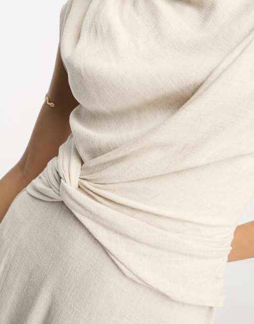 ASOS DESIGN - Hoogsluitende linnen midi jurk met gedraaide voorkant in naturel, 3 van 4