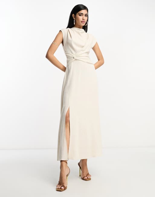 ASOS DESIGN - Hoogsluitende linnen midi jurk met gedraaide voorkant in naturel, 4 van 4