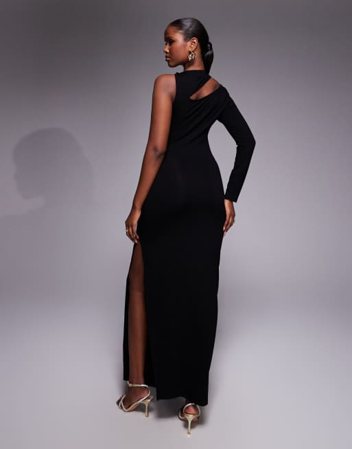ASOS DESIGN - Hoogsluitende maxi-jurk met asymmetrische gedraaide schouder in zwart, 2 van 4