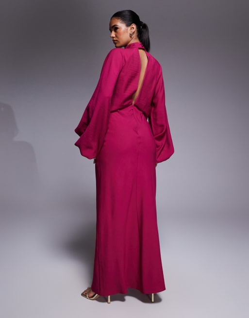 ASOS DESIGN - Hoogsluitende maxi jurk met diep decolleté en blousonmouwen in framboos, 2 van 4
