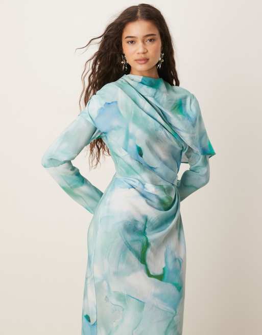 ASOS DESIGN - Hoogsluitende maxi jurk met gedrapeerd lijfje en abstracte print in groen, 3 van 4