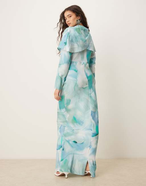ASOS DESIGN - Hoogsluitende maxi jurk met gedrapeerd lijfje en abstracte print in groen, 4 van 4