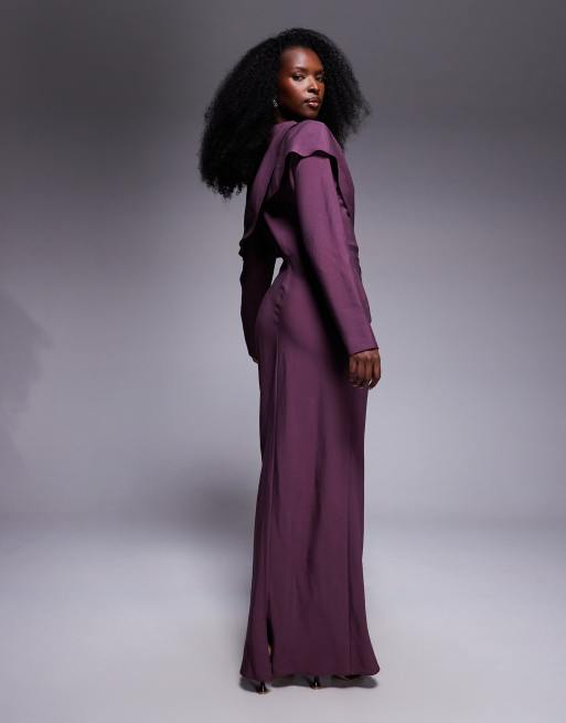 ASOS DESIGN - Hoogsluitende maxi jurk met gedrapeerd lijfje in moerbei, 2 van 4