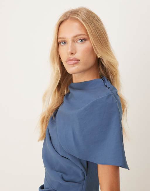 ASOS DESIGN - Hoogsluitende maxi-jurk met gedrapeerd lijfje met cape in leisteenblauw, 4 van 4