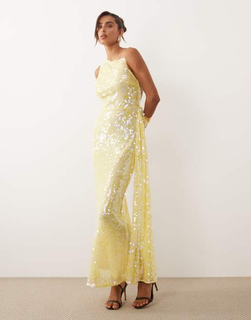 ASOS DESIGN - Hoogsluitende maxi jurk met gedrapeerde achterkant en gele lovertjes, 2 van 4
