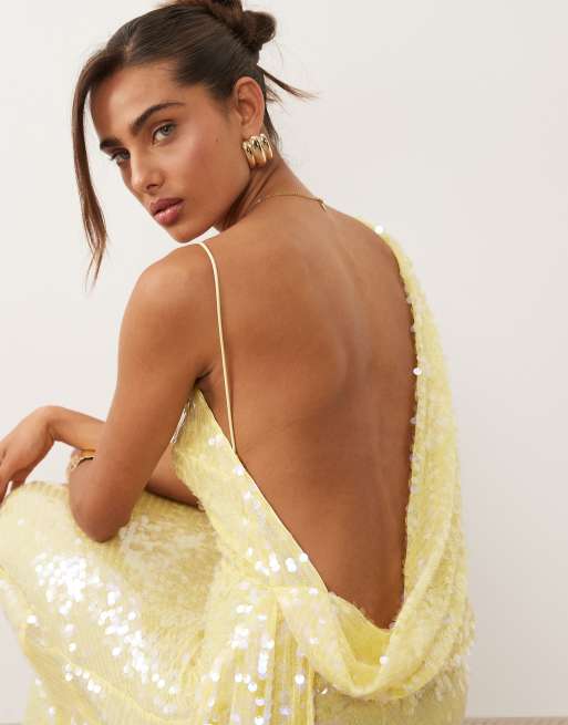 ASOS DESIGN - Hoogsluitende maxi jurk met gedrapeerde achterkant en gele lovertjes, 3 van 4