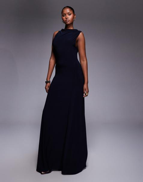 ASOS DESIGN - Hoogsluitende maxi jurk met gerimpelde rug in marineblauw - view 1