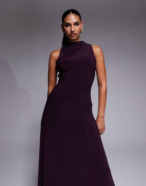 ASOS DESIGN - Hoogsluitende maxi jurk met gerimpelde rug in pruimenpaars, 4 van 4