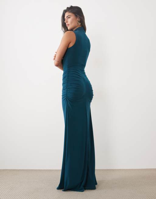 ASOS DESIGN hoogsluitende maxi-jurk met godetdetails in petrolblauw, 4 van 4