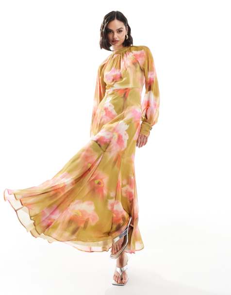 ASOS DESIGN - Hoogsluitende maxi-jurk met godetzoom en bloemenprint in groen - view 1