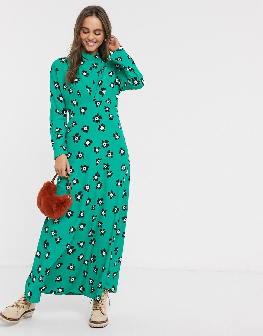 ASOS DESIGN - Hoogsluitende maxi-jurk met grafische bloemenprint-Groen