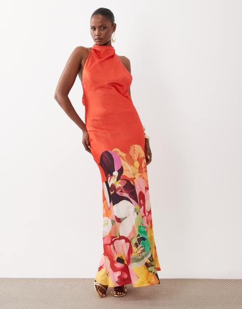 ASOS DESIGN - Hoogsluitende maxi jurk met halternek en bloemenprint in rood - view 1