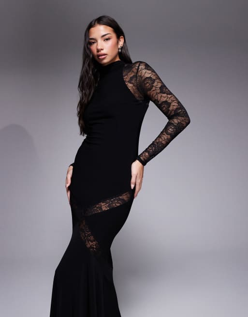 ASOS DESIGN - Hoogsluitende maxi jurk met kanten inzetstukken in zwart, 4 van 4