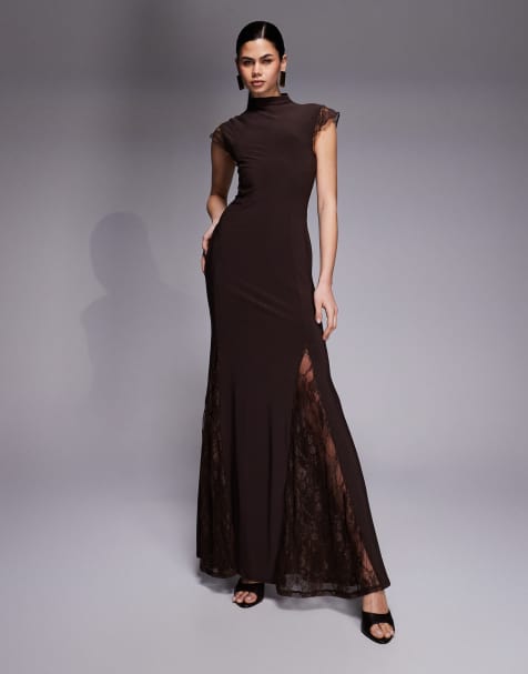 ASOS DESIGN - Hoogsluitende maxi jurk met kapmouwtjes en kanten inzetstuk in bruin - view 1