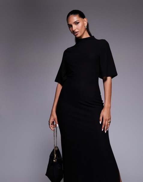 ASOS DESIGN - Hoogsluitende maxi jurk met korte mouwen in zwart - view 1
