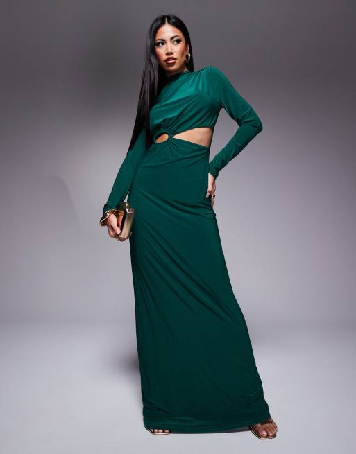 ASOS DESIGN - Hoogsluitende maxi-jurk met lange mouwen en blouson-body in donkergroen